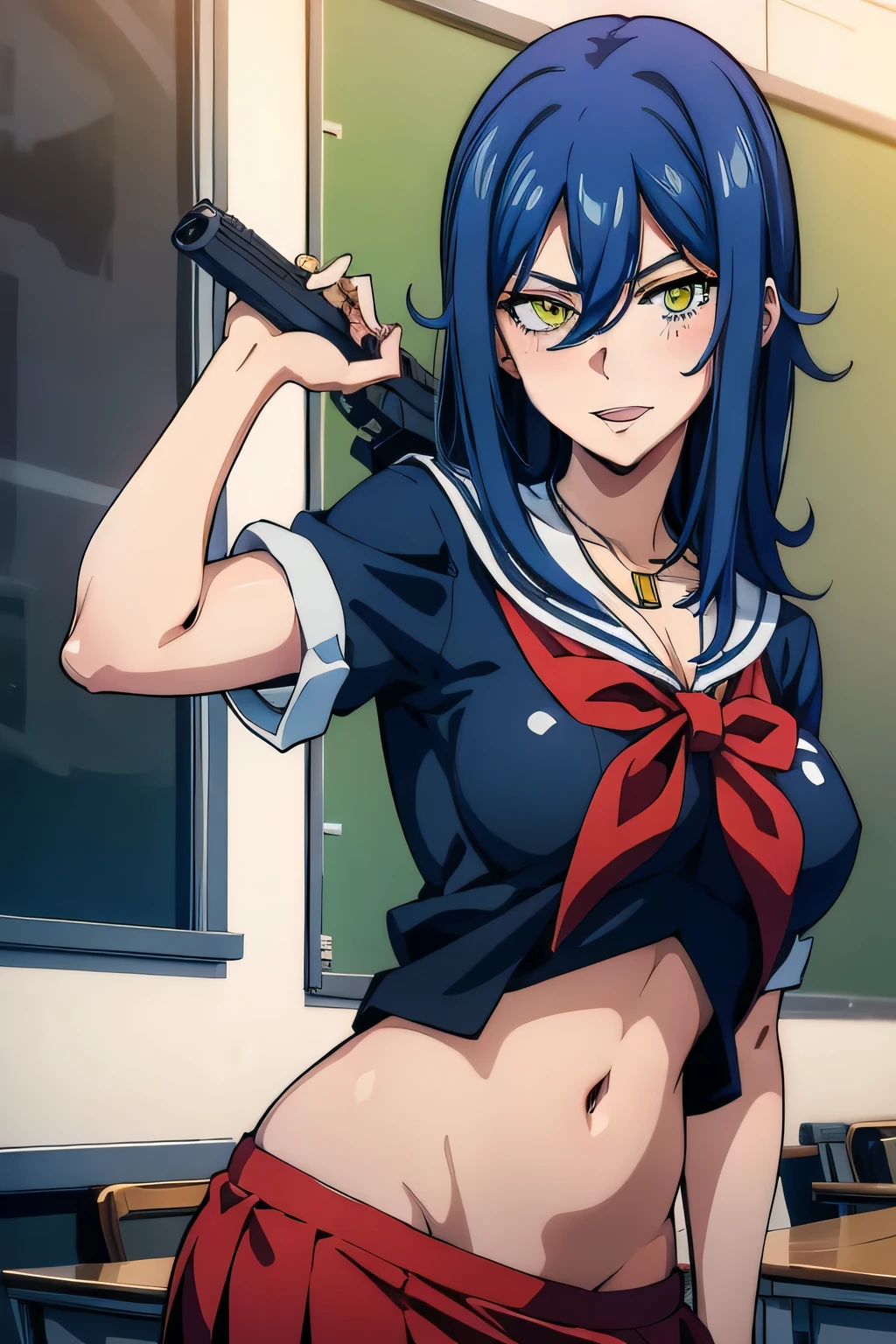 1girl,bangs,hair between eyes,blue hair,large breasts,long hair,necklace,yellow eyes, , blush, lipstick, masterpiece, best quality, highly detailed, a anime girls in sailor uniforms with a gun posing for a picture,
evil smile, smile, open mouth,black_serafuku, ecchi anime style, anime girls , (nsfw) not safe for work,
ecchi style, ecchi, shipgirls, digital anime art!!, high school girls, holding a gun, hold a gun, anime style 4
k, micro skirt, exposed belly, exposed navel, exposed midriff,
exposed lower belly,school, classroom,