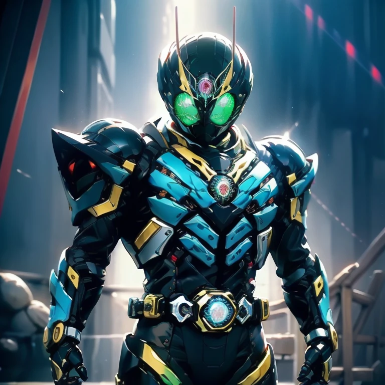 Kamen Rider, blue armor, sun symbol, rainbow on armor, multicolored energy, highly detailed, 8k, photorealistic, dramatic lighting, hyper-detailed, intricate design, complex pattern, metallic finish, glowing elements, dynamic pose, cinematic angle