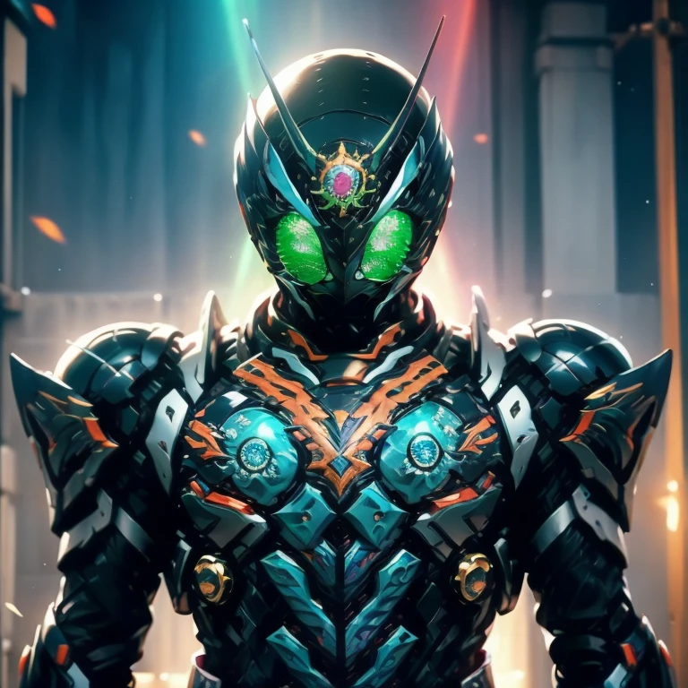 Kamen Rider, blue armor, sun symbol, rainbow on armor, multicolored energy, highly detailed, 8k, photorealistic, dramatic lighting, hyper-detailed, intricate design, complex pattern, metallic finish, glowing elements, dynamic pose, cinematic angle