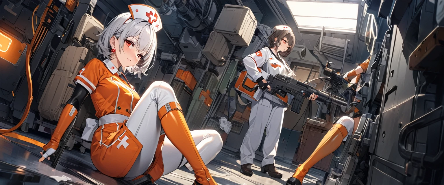 masterpiece、highest quality、Ultra-high resolution、Maximum resolution、Very detailed、Professional Lighting、anime、Adult female、thin、so beautiful、、Nurse uniform、Has a submachine gun、Red Eye、Silver Hair、Short Hair、Earrings、Fingerless Gloves、Beautiful eyes、Gloss Lip、Tactical Boots、Equipped with transparent orange shooting glasses、Equipped with a chest rig、Caring for the injured、Sanitary Corps