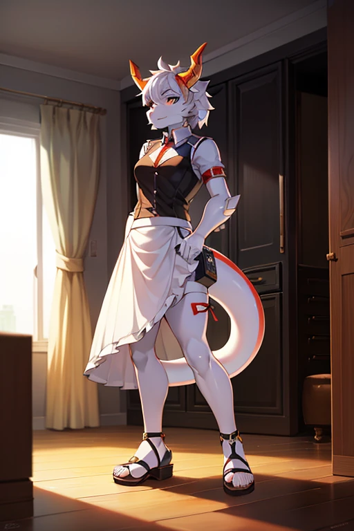 Mechanical Dragon,wearing a white skirt,Standing in the apartment,sandals