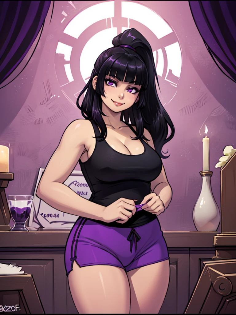 high_aesthetic,art by Lazorchef, ((Masterpiece, best quality, perfect lighting, amazing shading)), perfect anatomy, field of depth, extremely beautiful, long black hair, straight hair, bangs and ponytail, (tight purple gym shorts), (skinny), purple eyes, black tank top, (goth girl), cute smile, (cleavage), blushing, restaurant background, detailed background