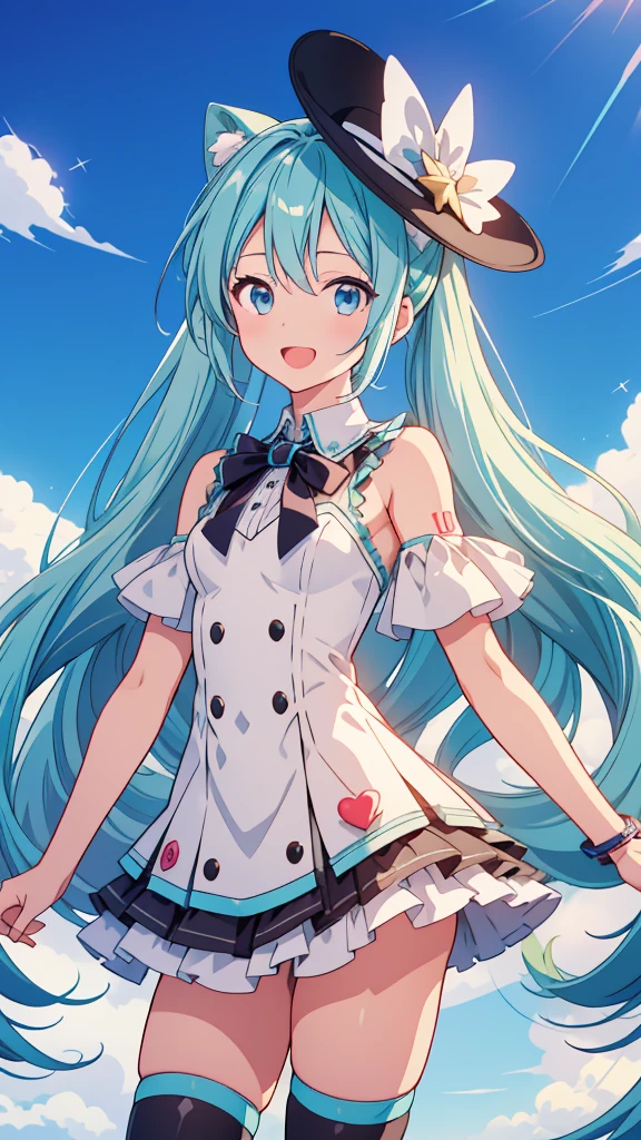 1girl、Star Fairy、Face close-up、vtuber-fullbody、depth of field、highest quality、Masterpiece、Official Art、Award-winning works、Super detailed、Handsome face、Short bangs above eyebrowilky white straight long hair、Super detailedな青い目、Standing in front of the viewer、smile、Mouth open、Cowboy Shot、Wearing a Hatsune Miku costume、