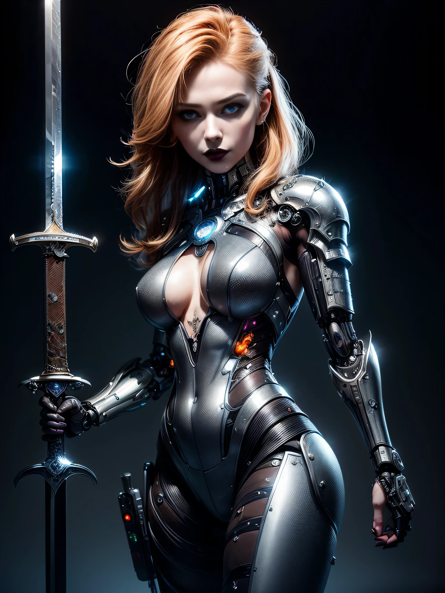 ((best quality: 1.5, masterpiece :1.2, Intricate:1.3)), intricate details, professional, real life, (((solo, 1girl) muscular, (mysterious expression, black lipstick, ((cyborg, mechanical arms, cybernetic))))), bright glow, dynamic pose, dark room, dark background, black background, solo, (((smirking, (blackout eyeshadow, cleft chin, iceblue eyes, [blonde hair:bright ginger hair:0.5], [flat chest:medium breasts:0.7])))), (freckles: 0.9), ((fujicolor, film grain)), (((((futuristic black chrome lacquered armor, (rivets, underboob, side:1.0, below:1.2, sword, (tattoo:1.1)), photorealistic:1.4, metal reflections, bokeh)), professional lighting, photon mapping, radiosity, physically based rendering, ultra resolution, hyper-realistic)))