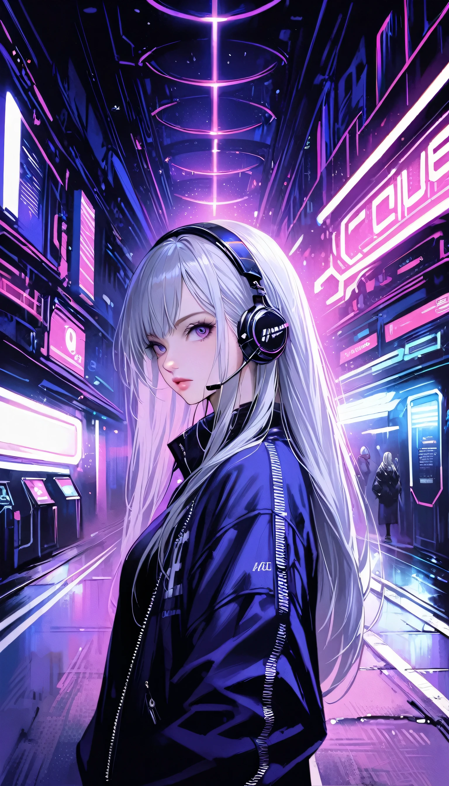 One girl, Gray Hair, Long Hair, Techwear masterpiece, highest quality, Realistic, realism, Dark purple jacket, Portraiture, Fine grain, Wearing the headset, Platinum Hair, 21 year old girl, Fashion pose, Half Body, Wide shot, on the road, cyber punk
