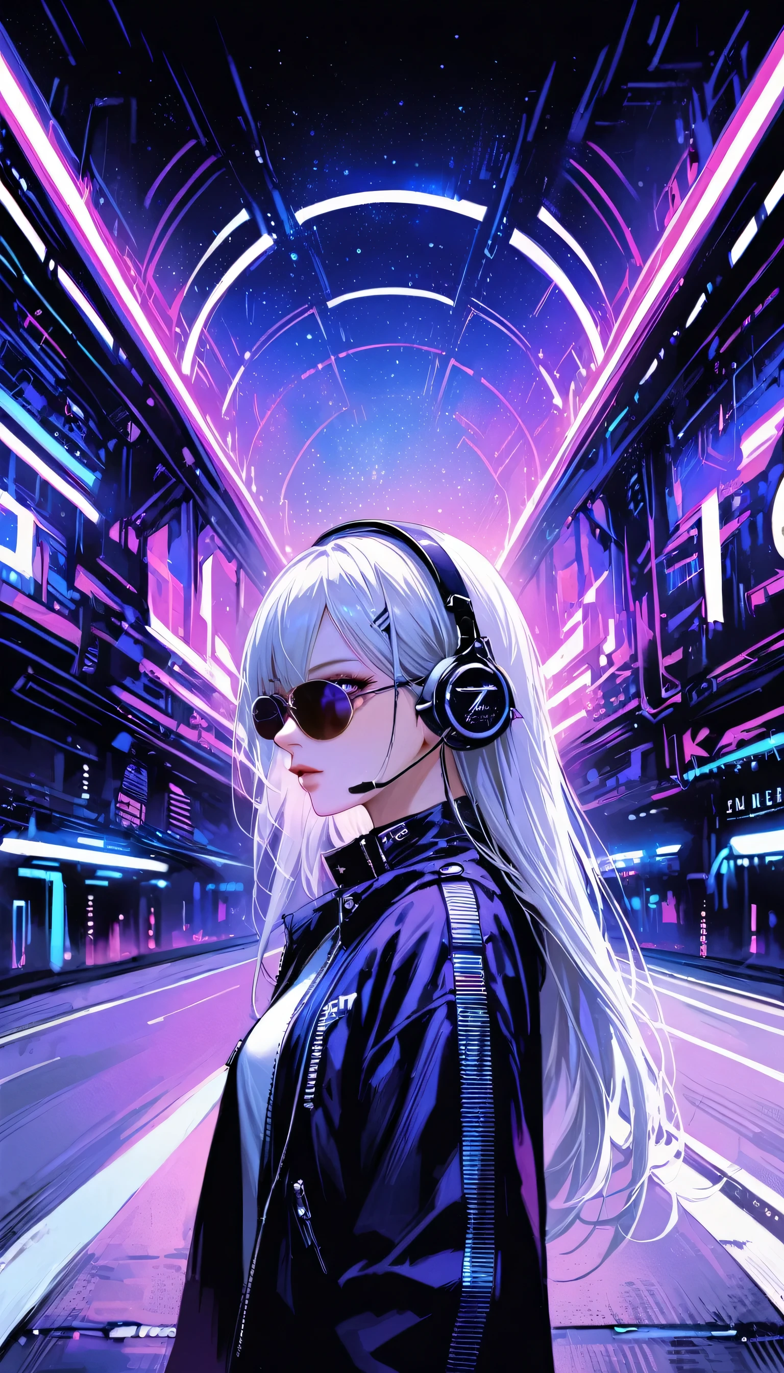 One girl, Gray Hair, Long Hair, Techwear masterpiece, highest quality, Realistic, realism, Dark purple jacket, Portraiture, Fine grain, Wearing the headset, Platinum Hair, 21 year old girl, Fashion pose, Half Body, Wide shot, on the road, cyber punk