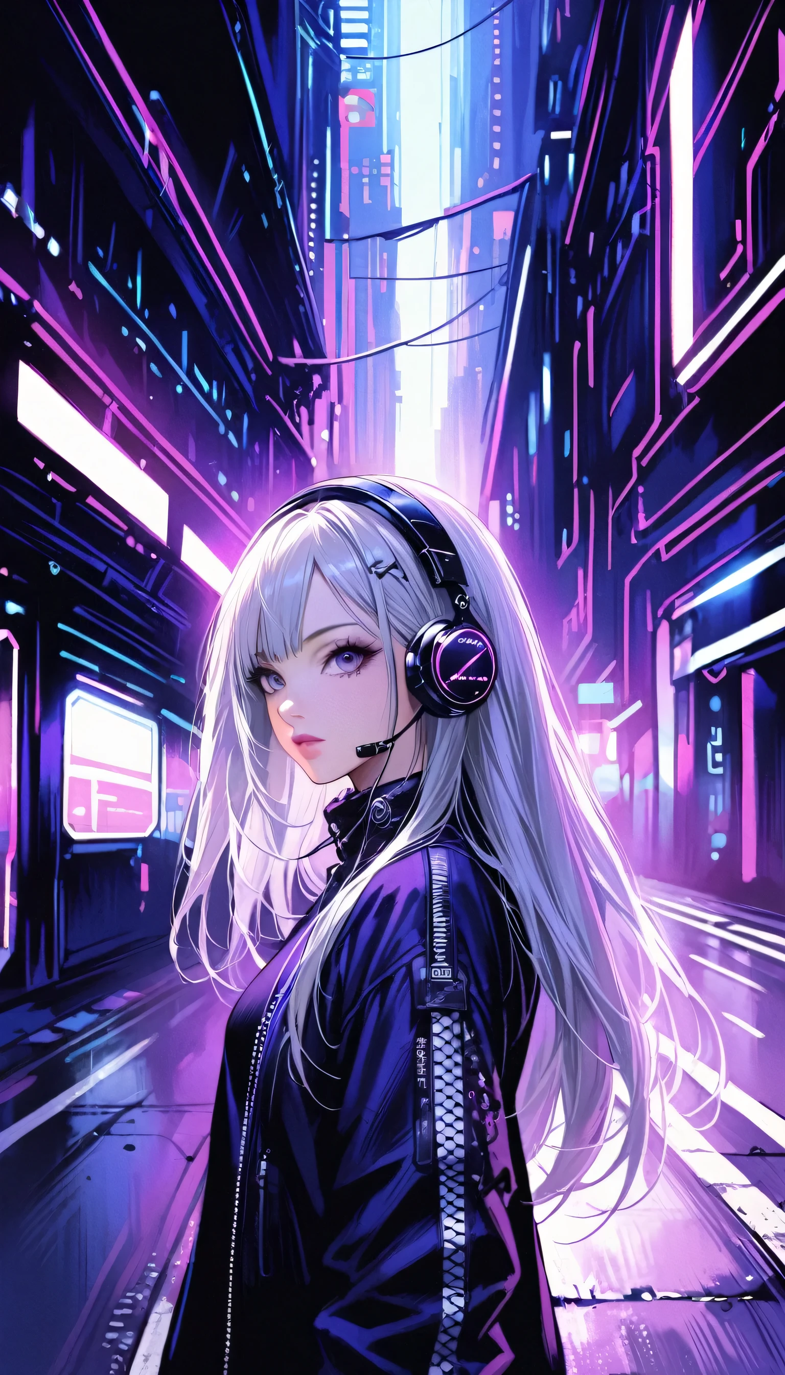 One girl, Gray Hair, Long Hair, Techwear masterpiece, highest quality, Realistic, realism, Dark purple jacket, Portraiture, Fine grain, Wearing the headset, Platinum Hair, 21 year old girl, Fashion pose, Half Body, Wide shot, on the road, cyber punk