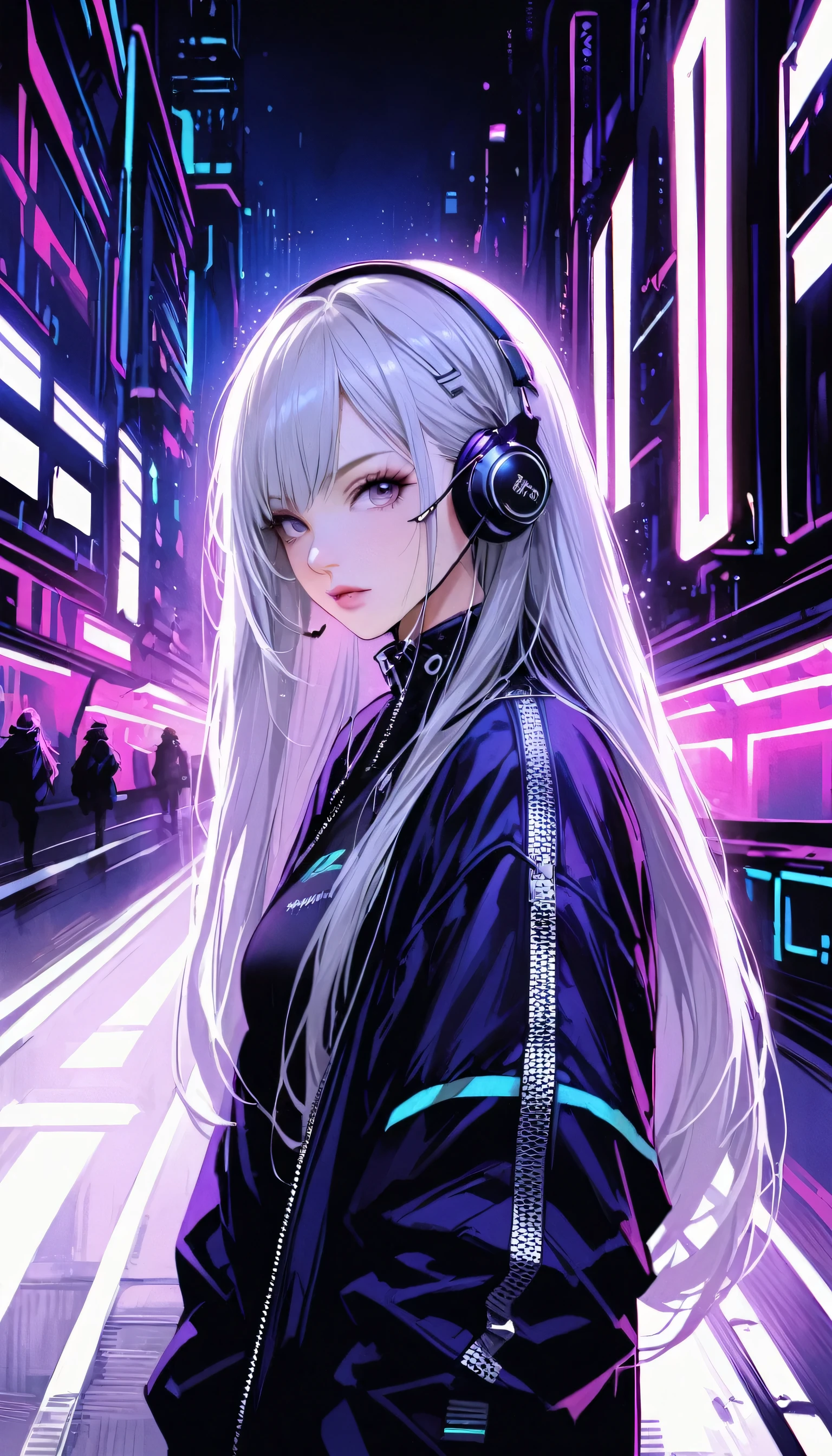 One girl, Gray Hair, Long Hair, Techwear masterpiece, highest quality, Realistic, realism, Dark purple jacket, Portraiture, Fine grain, Wearing the headset, Platinum Hair, 21 year old girl, Fashion pose, Half Body, Wide shot, on the road, cyber punk