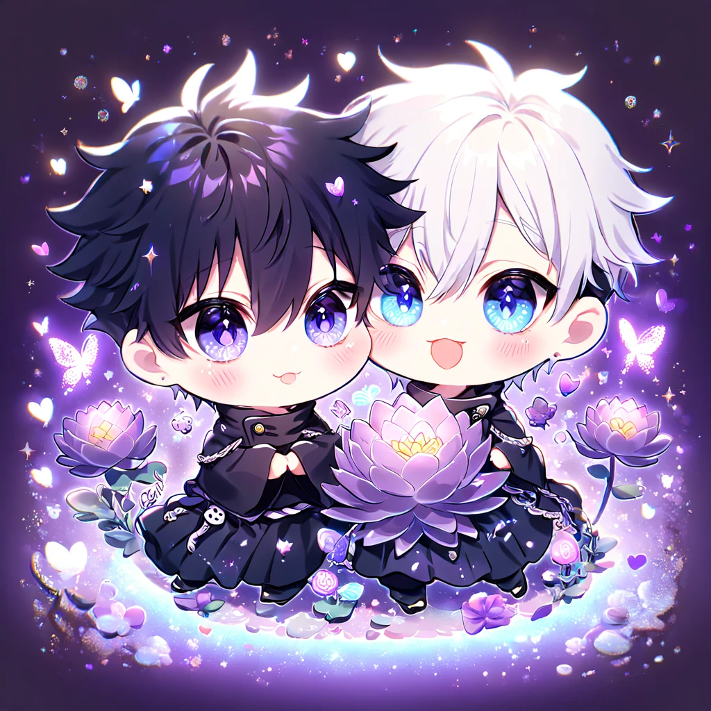 Ultra detailed, HDR, Highres, absurdres, master piece, Gojo Satoru chibi, white hair with bangs, expressive blue eyes, white eyelashes, hair between the eyes, black clothes, Jujutsu Kaisen, Fushiguro Megumi chibi, black hair, expressive blue eyes, purple glittering butterflies, petals, purple lotus, cute, magical, two men hugging, gay couple, extremely detailed face and eyes, glittering, fantasy, love, purple background, perfect face, best quality, happy, yaoi