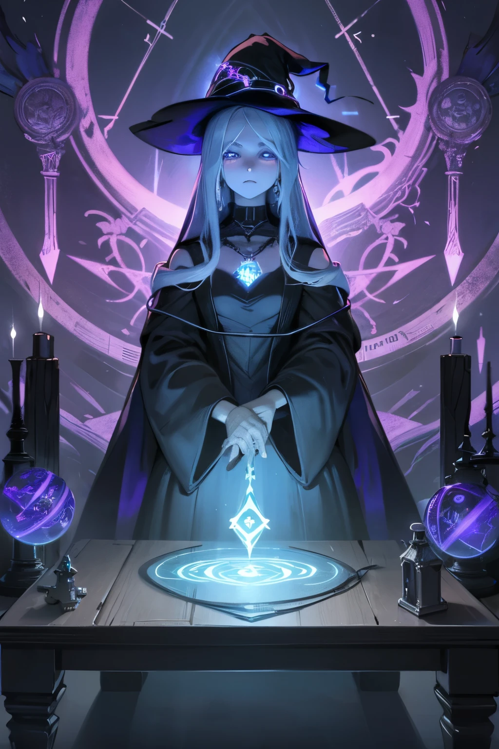 depicts a modern-day witch who has embraced the world of cybernetics to enhance her magical abilities. The artwork should convey the enchanting blend of traditional witchcraft and futuristic technology. Here are some specific elements to include: The Witch's Lair: The setting should be a cozy yet slightly eerie room, filled with magical books, crystal balls, potion ingredients, and antique furnishings. The room should be dimly lit by candles and a soft, mystical glow emanating from her cybernetic enhancements. The Cyborg Witch: The central focus of the artwork is the witch herself. She's a striking figure with a mix of traditional witch attire and cybernetic enhancements. Her clothing should have a witchy, occult aesthetic, with flowing robes, a pointed hat, and an intricate pentagram necklace. Her arms, however, have been upgraded with cybernetic components that incorporate magical symbols and glowing runes. Magical Interface: The witch is in the midst of casting a spell, with a holographic, touch-screen interface floating before her. This interface includes spell incantations, arcane symbols, and digital components, demonstrating her fusion of magic and technology. Spell Ingredients: On a nearby table, there should be a collection of spell ingredients, like herbs, potions, and magical artifacts. Some of these items may have been modified with cybernetic enhancements, blurring the line between the natural and the technological. Familiar: The witch's familiar, perhaps a cat or raven, should be present in the scene, serving as her magical companion. The familiar could also have subtle cybernetic enhancements or glowing eyes. Glowing Runes: The room should be adorned with ancient symbols and glowing runes on the walls and floor, contributing to the magical atmosphere. Aetherial Lighting: Use a combination of mystical, ethereal lighting and cybernetic glows to create a captivating interplay of light and shadow. The contrast between the tradit