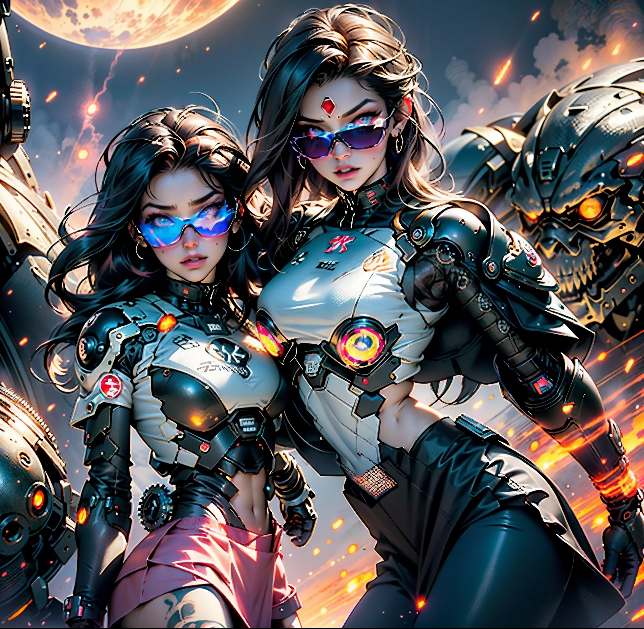 perfect female shape，dark hair, green eyes, High Dynamic Range，long eyelashes，Unbeatable masterpiece，tan skin，putting makeup on，Sexy goddess，crop top, pink skirt, large techno sword, Large mechanical gears，The setting sun burns the clouds，8K high quality，Sexy goddess，A pair of big eyes are beautiful and moving，Makeup，Sexy outfit，【Background with】Large gears，Blue light comes out，Large gears，Doomsday ruins，Giant tornado，Strange sky，The setting sun burns the clouds, orbiting planets，Jupiter，Mercury，Strange sky，Giant tornado 