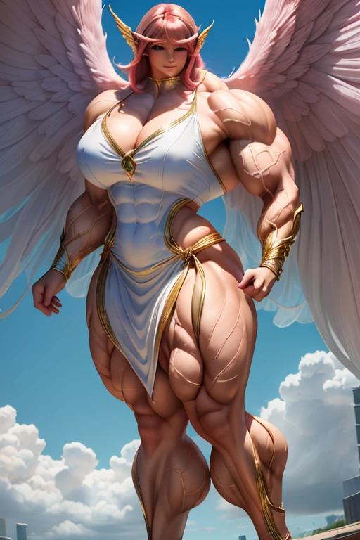 ((((Massive tall, beautiful, buff, light brown skinned muscular angel woman with shocking pink hair, huge angel wings, ginormous bulky muscles and wearing a beautiful white angel dress)))), (close view), massive muscles, massive biceps, hyper muscle shoulders, massive muscle arms, vascular shoulders, hyper muscle triceps, huge angel wings, (angled bob cut), red eyes, choker, angel gauntlets, on top of a sunny skyscraper in a Windy City, confidant smile, hyper vascular arm, hyper muscles arms, hyper muscle legs, (massive arms).