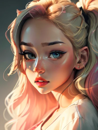 a close up of beautiful girl with long wavy blonde hair and a white shirt, beautiful anime portrait, pink twin tail hair and cyan eyes, detailed portrait , stunning  face portrait, realistic style, beautiful girl, detail skin, perfect face,