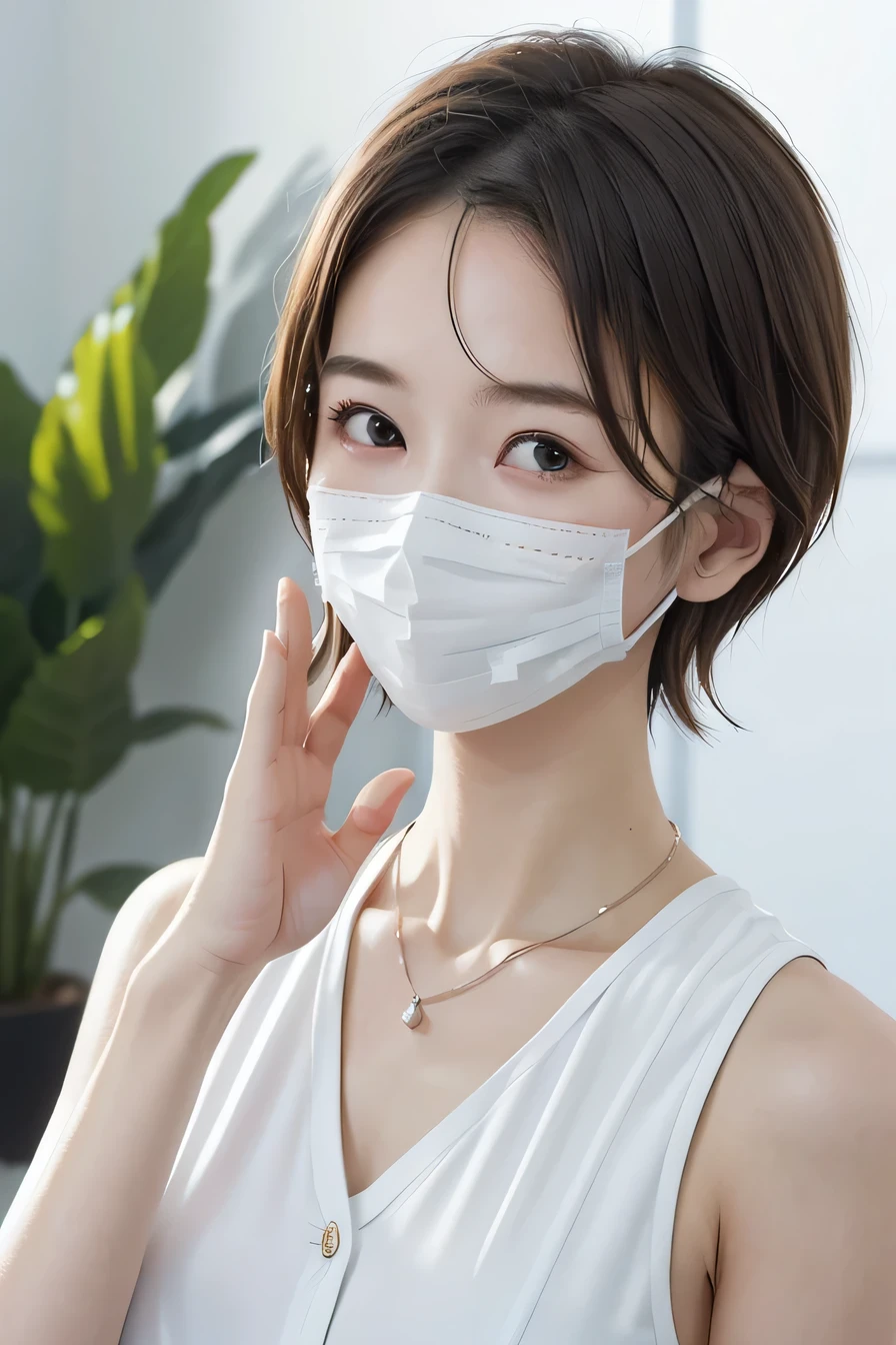 205 ((short hair)), 20-year-old female, In underwear、Put a cardigan over your shoulders、 A refreshing smile、Mask on mouth、Black Hair、ear piercing、Necklace around the neck、