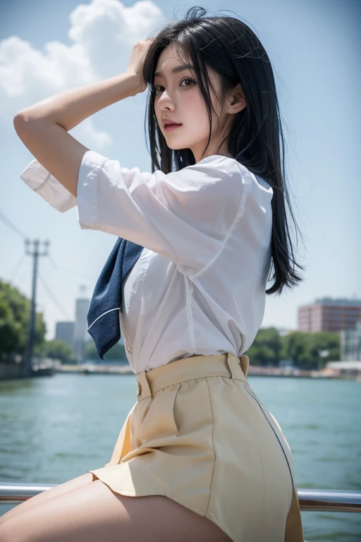 (Be clear about the content) [(masterpiece: 1.1, best quality: 1.1), Shy schoolgirl wearing show off, emphasize, There is urine, ,purely, Slightly 0.8.Blue Hair, wet,