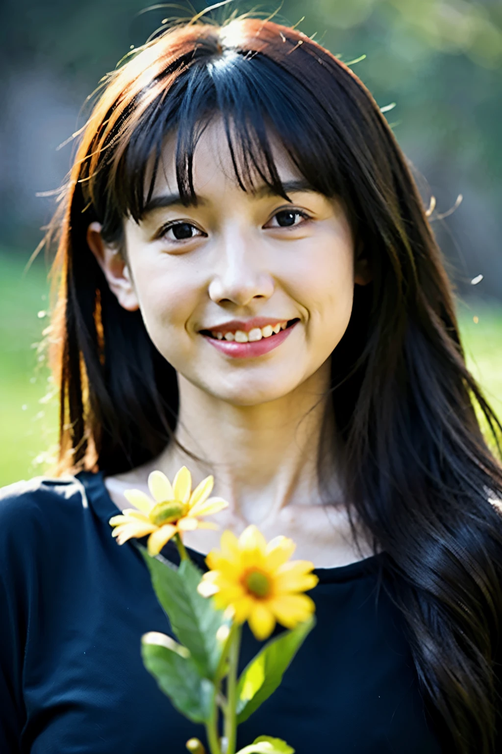 Best Quality,Masterpiece,Ultra High Resolution,(Realisticity:1.4),Original Photo,
1girl,smirk,hair with bangs,black long dress,flower,