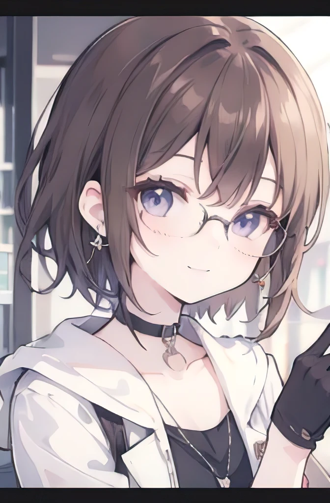 1girl, anime_coloring, black_eyes, black_gloves, brown_hair, choker, earrings, gloves, jewelry, letterboxed, parody, short_hair, smile, solo, style_parody,:glasses: