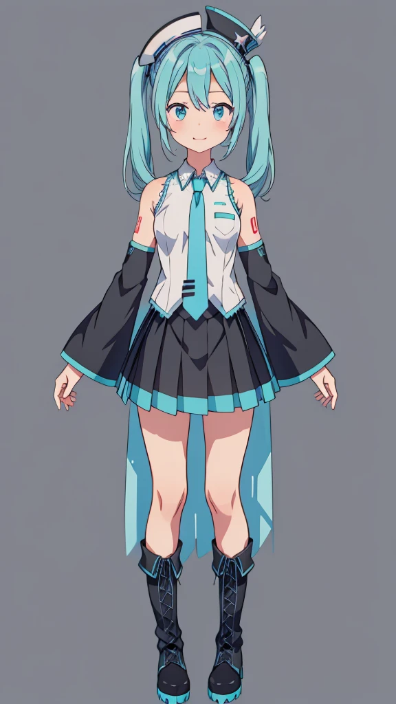 1girl、Star Fairy、Face close-up、vtuber-fullbody、depth of field、highest quality、Masterpiece、Official Art、Award-winning works、Super detailed、Handsome face、Short bangs above eyebrowilky white straight long hair、Super detailedな青い目、Standing in front of the viewer、smile、Mouth open、Cowboy Shot、Wearing a Hatsune Miku costume、aqua necktie, black footwear, black skirt, black sleeves, boots, collared shirt, detached sleeves, grey shirt, necktie, pleated skirt, shirt, skirt, sleeveless, sleeveless shirt, thigh boots, tie clip,