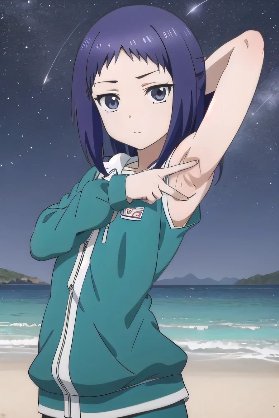 solo, 1girl, looking at viewer, 2D, anime, anime coloring, upper body, solo, night sky, beach, arms behind head, contrapposto, spread armpits, looking at viewer, best quality, closed mouth, expressionless, minami oosawa, track jacket,
