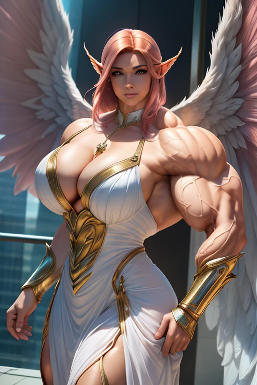 ((((Massive tall, beautiful, buff, light brown skinned muscular angel woman with shocking pink hair, huge angel wings, ginormous bulky muscles and wearing a beautiful white long angel dress)))), (close view), massive muscles, massive biceps, hyper muscle shoulders, massive muscle arms, vascular shoulders, hyper muscle triceps, huge angel wings, (angled bob cut), red eyes, choker, angel gauntlets, on top of a sunny skyscraper in a Windy City, confidant smile, hyper vascular arm, hyper muscles arms, hyper muscle legs, (massive arms).