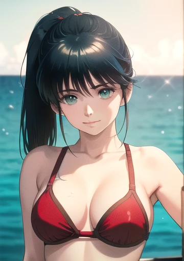 (8k、RAW Photos、highest quality、masterpiece:1.2)、(Realistic、Realistic:1.37)、Very detailed、超A high resolution、animation、1 girl、Ocean、Red bikini swimsuit、Beautifully detailed face、、beautifulディテールの肌、whole body、Professional Lighting、Smiling Eyes、((ayukawa madoka)), (beautiful, fine grain)、Green Eyes、(Blue Hair、ponytail、Parted bangs)、Big eyes、Sexy pose、beautiful太もも