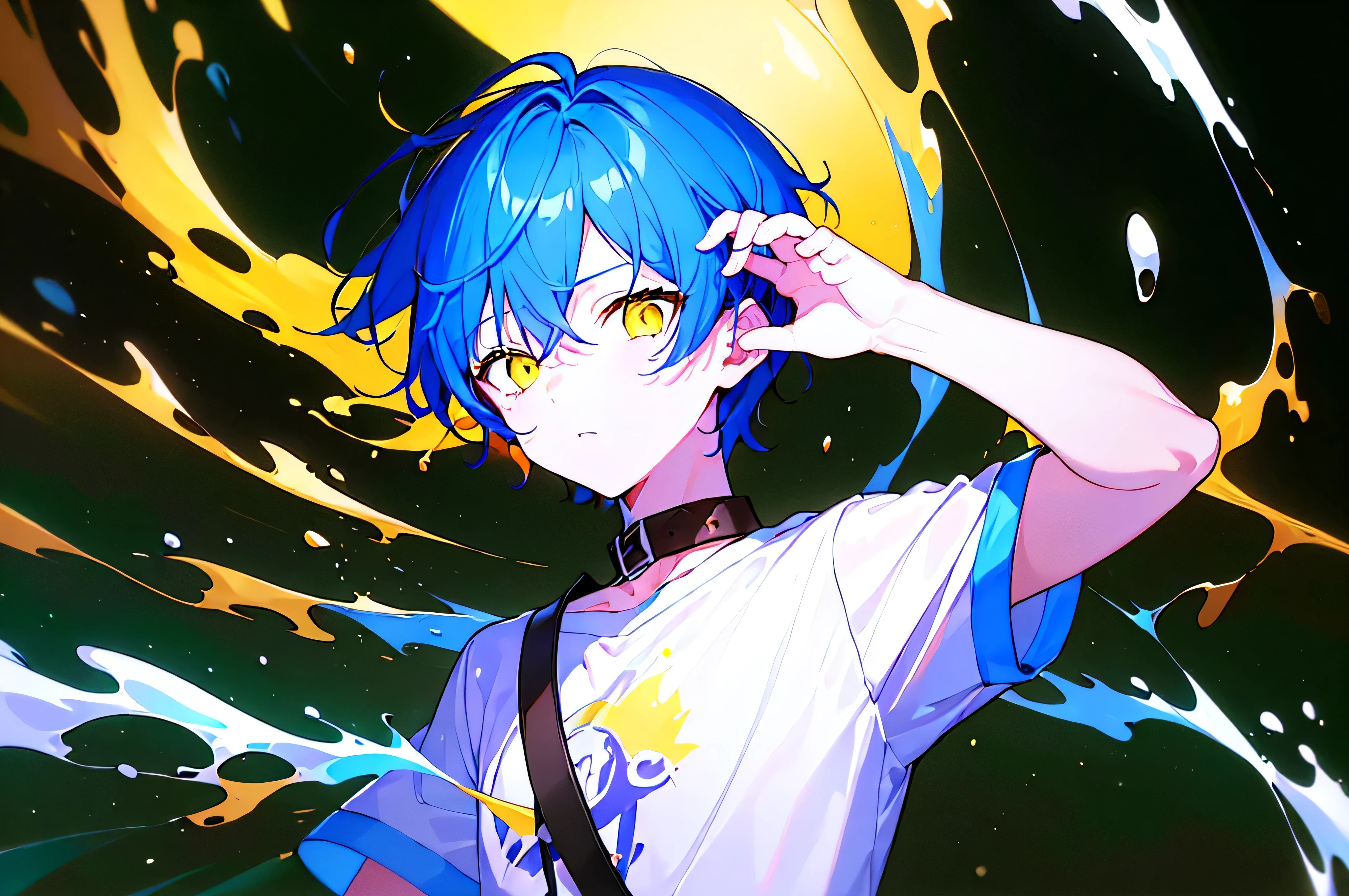 [(BLACK BACKGROUND:1.5),::5], ((((masterpiece)))), high quality, very_high_resolution, large_filesize, upper body, full color, ((younger boy)), 13 old year, short deepblue hair, vivid color, ((yellow eye)), Summer clothes white, animestyle, (NeonSoda Splash effect:1.3)
