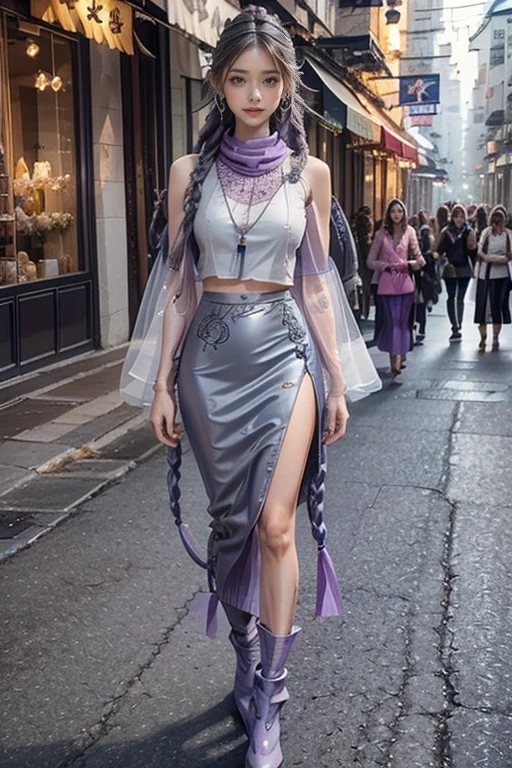 highest quality, Very detailed, masterpiece, Two women posing,(((Perfect female body))),Very beautiful face, Very beautiful body,Gentle expression, Very beautiful eyes,(Perfect Makeup:1.1),Fashion Model,Cyberpunk Fashion,Curly Hair,Shaggy Hair, (Drifting in the Wind,Gray and purple gradient very long braided hair: 1.5), very thin body,Smart Abs,((Monogram pattern:1.3)),Various gradations,Translucent cape,Vinyl tank top,Blue long leg pencil skirt,Mr.々LED light,Two-tone high-top tech boots,A kind smile,Full body portrait,(Cyber City:1.3), (Shiny skin),(Earrings),Elegant scarves,See-through long shawl,Liquid Metal,gas mask,Pink and blue gradient smoke:1.3,