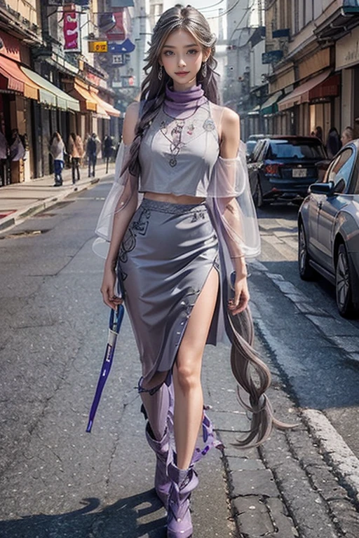 highest quality, Very detailed, masterpiece, Two women posing,(((Perfect female body))),Very beautiful face, Very beautiful body,Gentle expression, Very beautiful eyes,(Perfect Makeup:1.1),Fashion Model,Cyberpunk Fashion,Curly Hair,Shaggy Hair, (Drifting in the Wind,Gray and purple gradient very long braided hair: 1.5), very thin body,Smart Abs,((Monogram pattern:1.3)),Various gradations,Translucent cape,Vinyl tank top,Blue long leg pencil skirt,Mr.々LED light,Two-tone high-top tech boots,A kind smile,Full body portrait,(Cyber City:1.3), (Shiny skin),(Earrings),Elegant scarves,See-through long shawl,Liquid Metal,gas mask,Pink and blue gradient smoke:1.3,