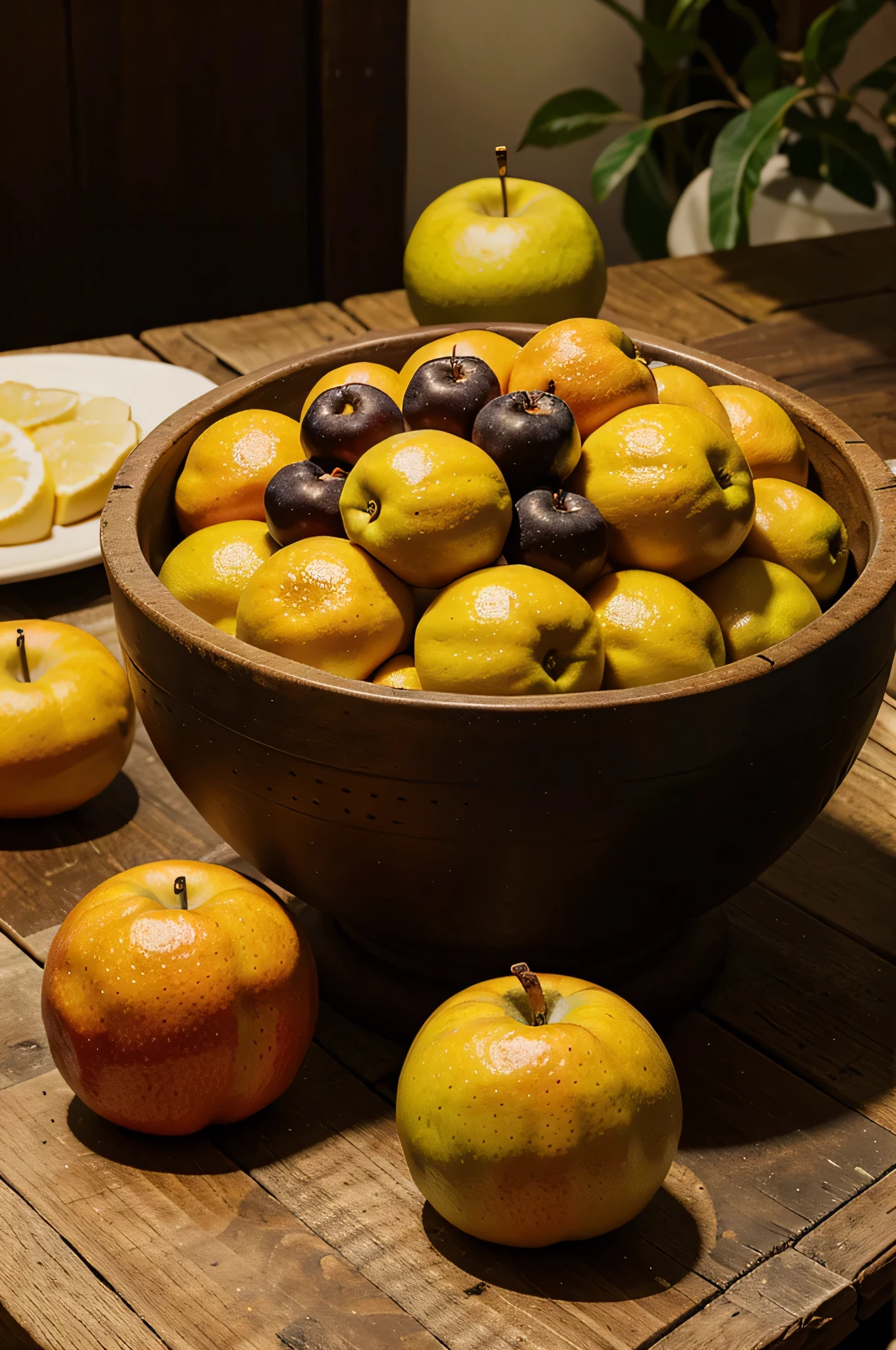 antique still life painting, jarron sobre una mesa, en el cual se encuentra tambien una bandeja con distitos tipos de frutas como manzanas duraznos naranjas pintado al oleo,