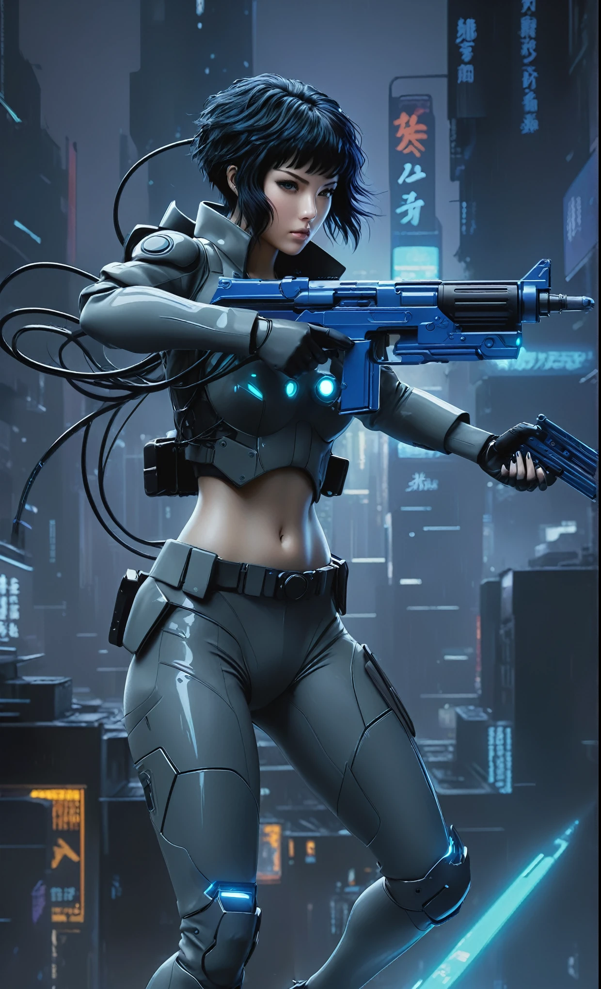 Ghost in the Shell Vol.2, by Luis Duarte, Luis Duarte style, blue and black shading, Neo-Tokyo style, Element Air, Mythpunk, Graphic Interface, Sci-Fic Art, Dark Influence, NijiExpress 3D v3, Kinetic Art, Datanoshing, Oilpainting, Ink v3, Splash style, Abstract Art, Abstract Tech, Cyber Tech Elements, Futuristic, Illustrated v3, Deco Influence, AirBrush style, drawing