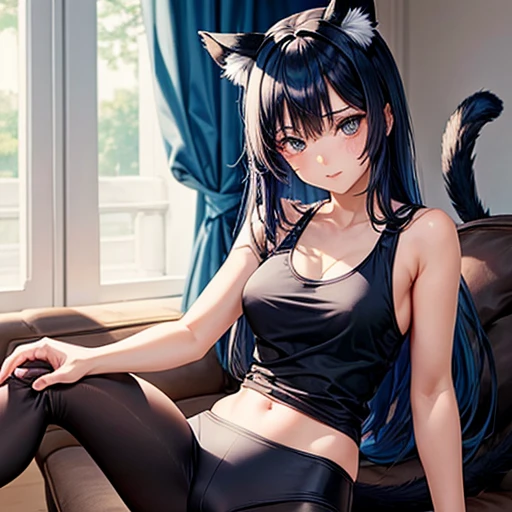 A woman with cat ears and a tail, dark blue hair, and small breasts wearing a tank top and leggings. Spread your legs