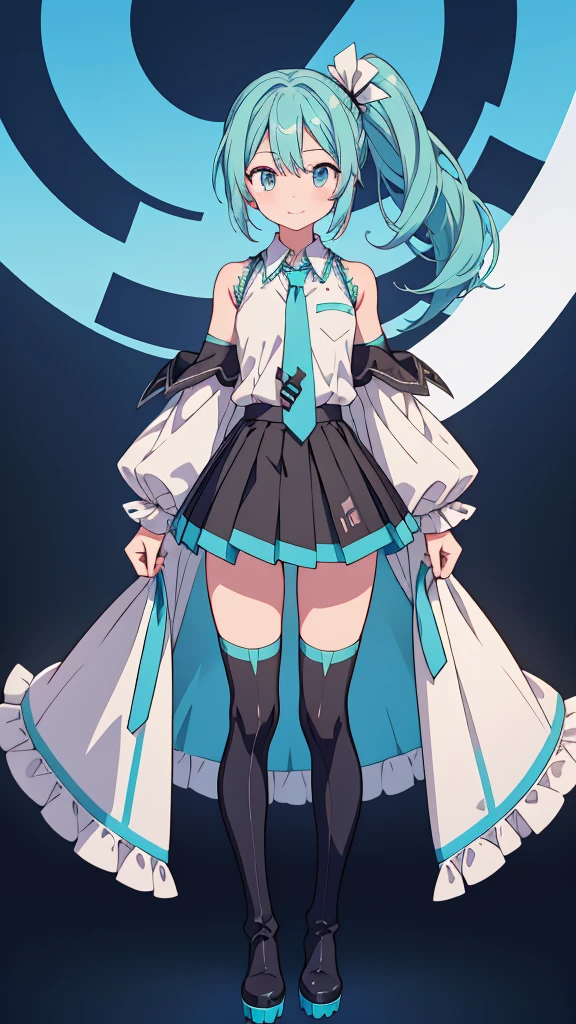 1girl、Star Fairy、Face close-up、vtuber-fullbody、depth of field、highest quality、Masterpiece、Official Art、Award-winning works、Super detailed、Handsome face、Short bangs above eyebrowilky white straight long hair、Super detailedな青い目、Standing in front of the viewer、smile、Mouth open、Cowboy Shot、Wearing a Hatsune Miku costume、aqua necktie, black footwear, black skirt, black sleeves, boots, collared shirt, detached sleeves, grey shirt, necktie, pleated skirt, shirt, skirt, sleeveless, sleeveless shirt, thigh boots, tie clip,