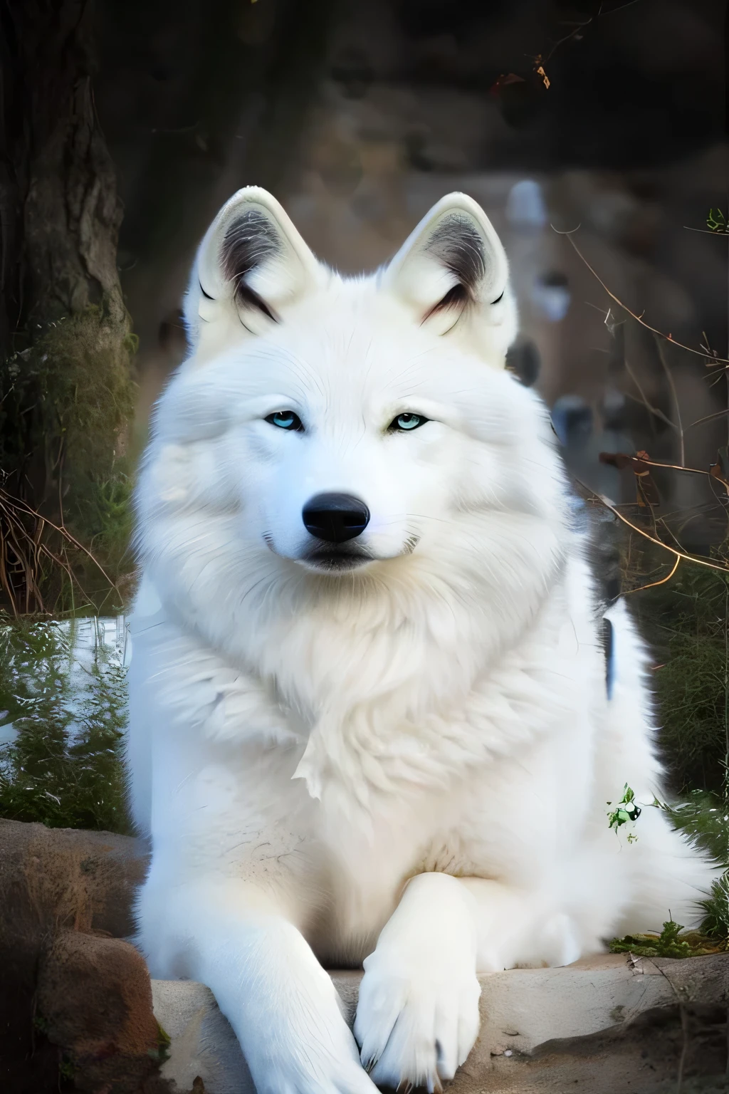 Imagen hermosa de un lobo color blanco con paisaje con puntos que le da elegancia 