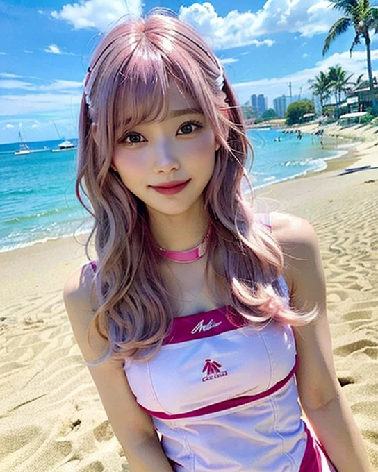 (Pink Hair :1.3),((masterpiece、highest quality、In 8K))Description of the whole body、Shortcuts、Description of the whole body、Laughter、Mid-chest、Beach Volleyball Uniforms、Beach volleyball court on the sand