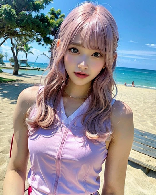 (Pink Hair :1.3),((masterpiece、highest quality、In 8K))Description of the whole body、Shortcuts、Description of the whole body、Laughter、Mid-chest、Beach Volleyball Uniforms、Beach volleyball court on the sand