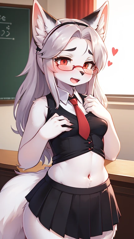 best quality,best resolution,(fluffy anthro furry :1.6),fox girl,red long hair,curvy hair,classroom,light and shadow,(white shirt),((2 chicas, duo, anthro furry :1.6 )),sleeveless,red necktie,black skirt,white stocking,glasses,flower hairpin,looking at viewer,horny face,open mouth,very close eyes,orgasm,full face blush,tense pose,heart eyes,heart expression eyes,horny pose,junto a loona helluva boss,