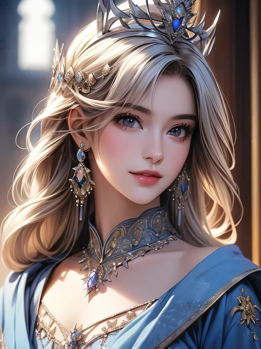 ((masterpiece、highest quality、Very detailed、High resolution、Photorealistic、Sharp focus、Cinema Lighting))、((One Woman、Bust Shot、Focus on the chest up、Face Light))、High contrast、blonde、Perfect Eyes、Perfect Iris、Perfect Lips、Perfect Teeth、Perfect Skin、crown、White fur、A gorgeous tunic with an intricate pattern、Blue cloak、gem、A radiant smile、Detailed hand drawing、Facing forward、View your viewers、The palace room