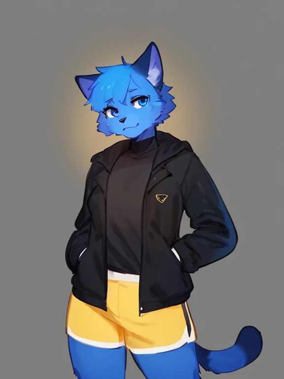 By bebebebebe, by lostgoose, by goonie-san, alone, female, feline, cat, blue fur, blue eyes, black and yellow shirt and jacket, shorts, standing, facing viewer, blue hair with yellow and black,