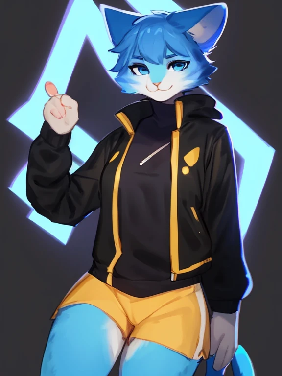 By bebebebebe, by lostgoose, by goonie-san, alone, female, feline, cat, blue fur, blue eyes, black and yellow shirt and jacket, shorts, standing, facing viewer, blue hair with yellow and black,