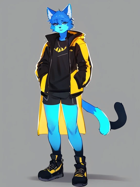 By bebebebebe, by lostgoose, by goonie-san, alone, female, feline, cat, blue fur, blue eyes, black and yellow shirt and jacket, shorts, standing, facing viewer, blue hair with yellow and black,