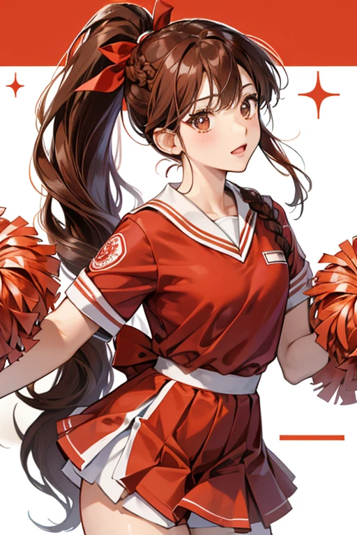 Misaki is a fair-skinned girl with reddish brown eyes and hair tied into a ponytail by a red ribbon. Her bangs are mostly brushed to the right side and her braids goes from her ear to her ponytail. Misaki also wears her school's cheerleading uniform. SPARKLE; GLITTER