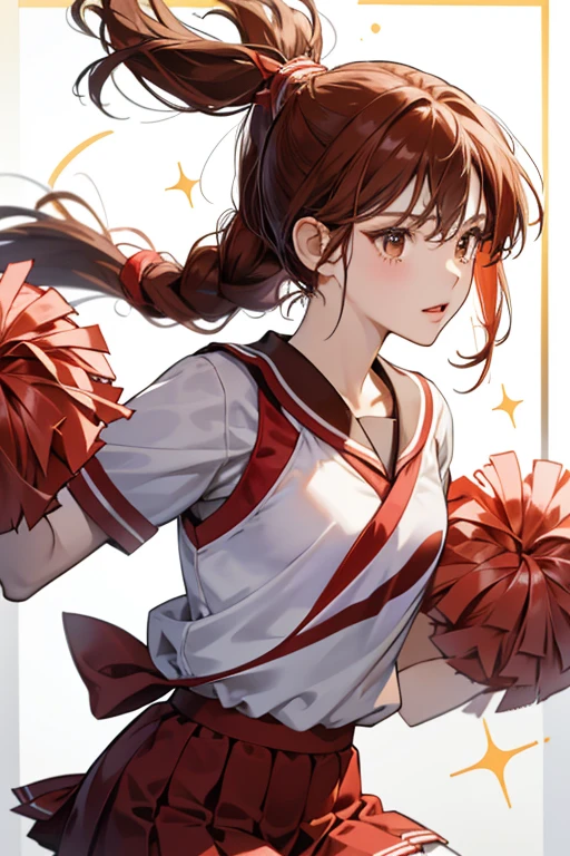 Misaki is a fair-skinned girl with reddish brown eyes and hair tied into a ponytail by a red ribbon. Her bangs are mostly brushed to the right side and her braids goes from her ear to her ponytail. Misaki also wears her school's cheerleading uniform. SPARKLE; GLITTER