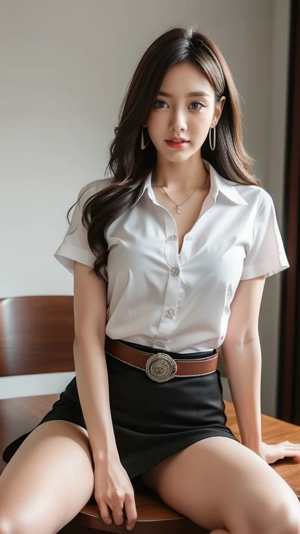 (High resolution 8K, Masterpiece, best quality. Just one complicated detail, chromatic aberration.) As a matter of fact ((chest)) hair in one eye, purple eyes, big round hoop earrings, sharp eyes, Diamond choker, red gemstone necklace. ,(symmetrical eyes),(Perfect symmetrical body),(Photo of a beautiful 21 year old girl),Beautiful and charming illustrations of contemporary fashion through the eyes of the viewer.. ((Behind the scenes of a large classroom)) , (black short skirt), (((He wore a white short-sleeved shirt that was completely unbuttoned.. เปิดเสื้อโชว์chest, no bra), (openly), (Soft chest))), ((black shorts) Pencil skirt with deep slit on the side..) (leather belt, long square belt buckle) ((Put your hands down.)) (golden bob, side bangs, golden hair (There is a thin layer of hair covering the face..)), sharp eyeliner, Blush eyeshadow with thick eyelashes, Very delicate and beautiful, round chin, Sharp focus, luxurious, Open your legs on the study table.. Turn your head with your legs open so they are at eye level.. Open your legs and lift your right leg over your left leg.. Let your legs be at natural eye level., chestของคุณเล็ก, Your legs are slightly apart in a dynamic pose.. University outfit