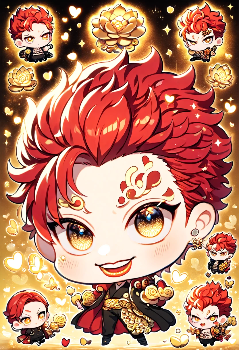 Ultra detailed, HDR, Highres, absurdres, master piece, Eustass Kid chibi, red hair, expressive golden eyes, red lips, black clothes, One Piece, golden glittering butterflies, petals, golden lotus, cute, magical, man, extremely detailed face and eyes, glittering, fantasy, love, golden background, perfect face, best quality,