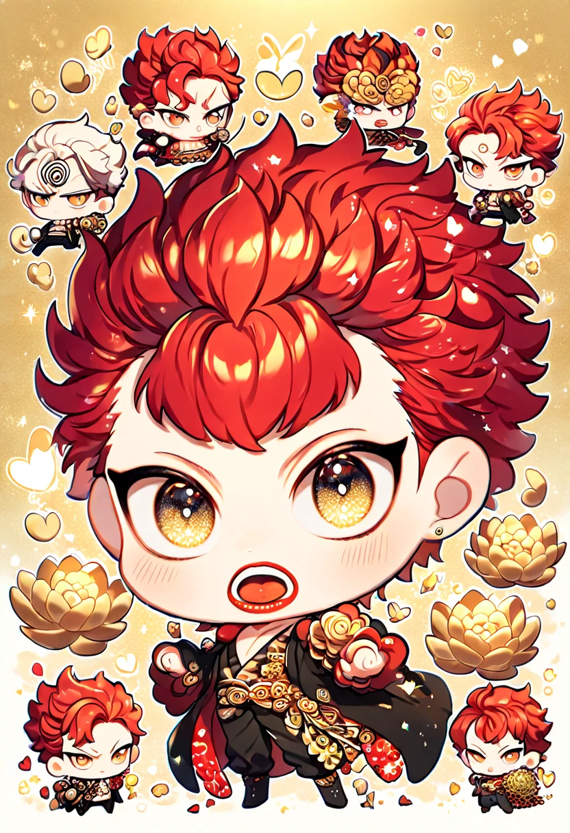 Ultra detailed, HDR, Highres, absurdres, master piece, Eustass Kid chibi, red hair, expressive golden eyes, red lips, black clothes, One Piece, golden glittering butterflies, petals, golden lotus, cute, magical, man, extremely detailed face and eyes, glittering, fantasy, love, golden background, perfect face, best quality, 