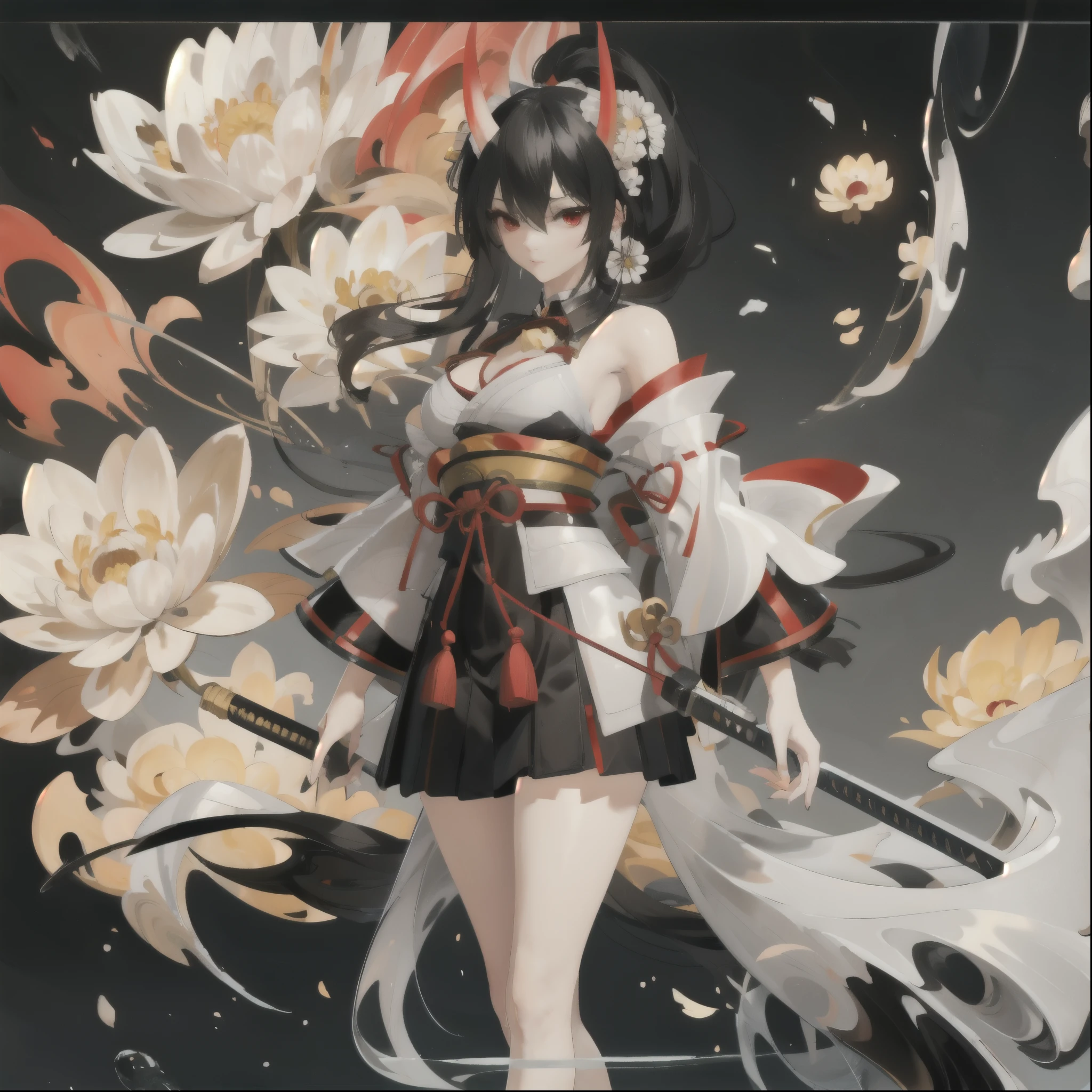 (masterpiece, best quality:1.2), A girl, Solitary, Off-shoulder kimono, Knife pulling, Chrysanthemum with a knife，Akakage Demon Daohime，Akakage Demon Daohime，Akakage Demon Daohime，Akakage Demon Daohime，Akakage Demon Daohime，Black long hair，Demon horn，Demon horn，Red eyes，Red eyes，Red eyes，Red eyes，The Chrysanthemum and the Blade，The Chrysanthemum and the Blade，The Chrysanthemum and the Blade，The Chrysanthemum and the Blade