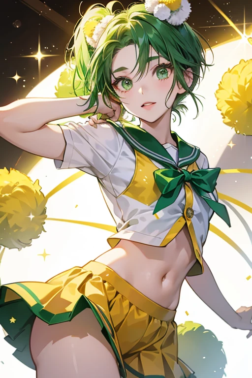 She is green and has an orange dress. Her dress has a sleeveless top part which curves downwards in a V-like shape. Right above where it curves, the top section which is lighter in shade than the bottom and has a bold green line also in a V shape. There is a green oval gem at the top of her dress. It is right below a piece of fabric, with a green stripe on the bottom, which is draped over her shoulders and ends at her upper back. This outfit is similar to a sailor uniform. This top part is still connected to the long, orange bottom half. She wears long, yellow gloves that have a green section at the top. Her head is rather large, and she has a darker green line that circles around her head and ends at her eyes. SPARKLE; GLITTE