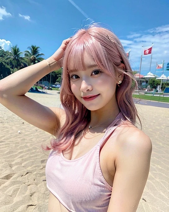 Real 18 year old woman, long pink hair and blue eyes, thick and shiny pink lips., she is on the freediving train in the ocean in the middle of the coraux, she is wearing a pink bikini

