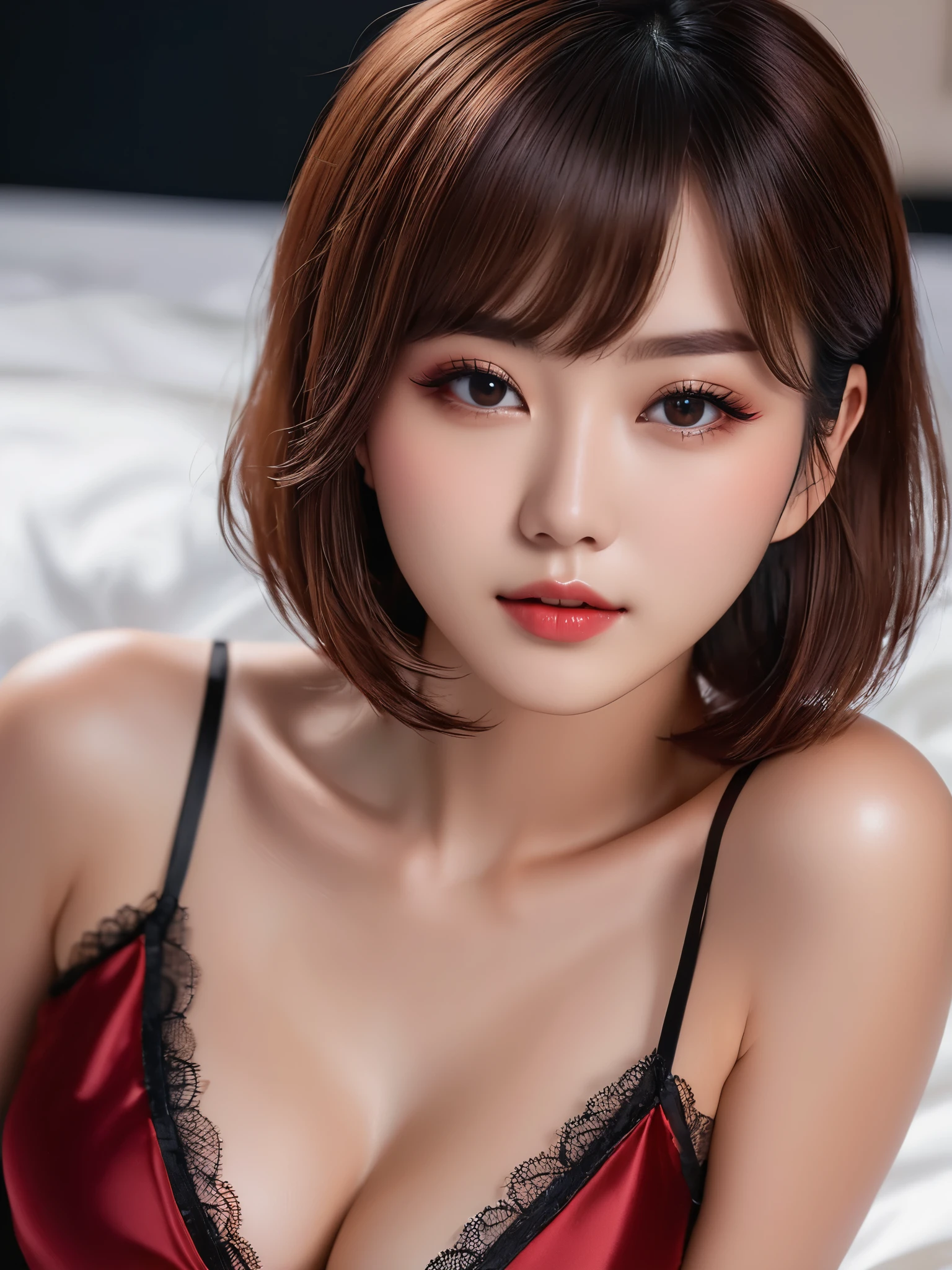 masterpiece, 1 woman per 1photo, full body shot, front view, a Japanese young pretty woman, hyper pretty face, 18 years old, short hair, sitting on a silk bed, wearing only a sleeveless silky satin deep red with black laces, busty, wet body, glossy lips, glamorous figure, silk pillow, silk bed sheets, double eyelids in both eyes, natural makeup, long eyelashes, shiny smooth light brown hair, asymmetrical bangs, fair skin, central image, 8K resolution, high detail, detailed hairstyle, detailed face, spectacular cinematic lighting, octane rendering, vibrant, hyper realistic, perfect limbs, perfect anatomy