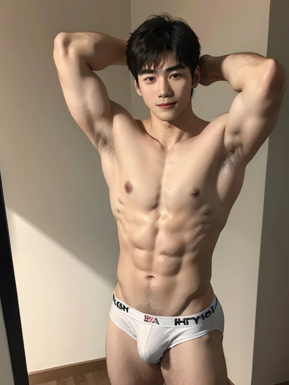 Korean, 、Naked Man、whole body、White briefs、Hands above head、Adorable smile、Even the legs are reflected、whole body , realistic handsome Korean face , natural muscles , beardless face、masterpiece、A high resolution、hyperrealism、detailed face、solo、a men、glowing skin、(Asian)、(young、teenager)、Handsome、detailed background、Handsome